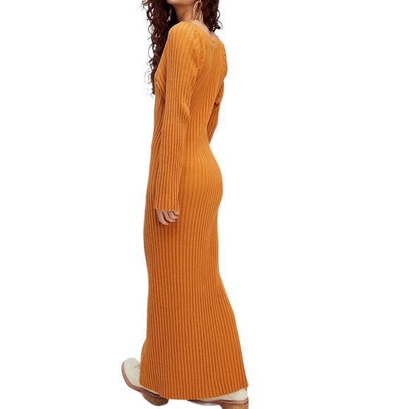 Free People Walk About Ribbed Maxi Dress Mustard Yellow XS Neutral Earthy Boho - Picture 2 of 8